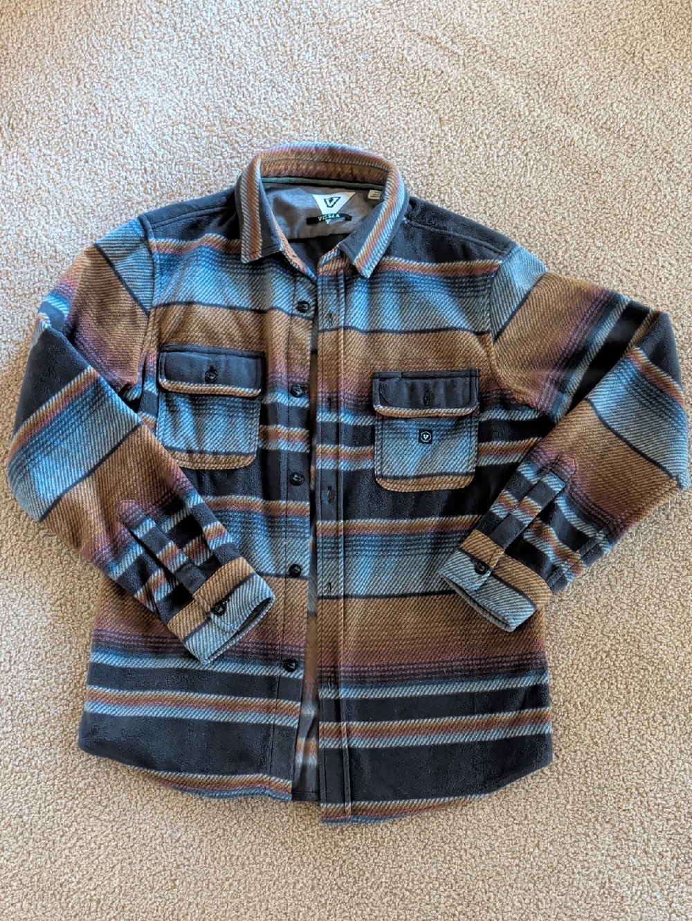 VISSLA Multicolor Striped Fleece Collar Shacket in Blue, Brown, Gray